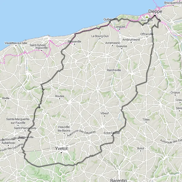 Map miniature of "A Coastal Adventure to Dieppe" cycling inspiration in Haute-Normandie, France. Generated by Tarmacs.app cycling route planner