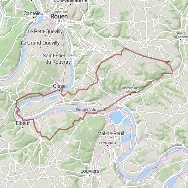 Map miniature of "Oissel, Ymare, Fleury-sur-Andelle, Pont-de-l'Arche, Elbeuf" cycling inspiration in Haute-Normandie, France. Generated by Tarmacs.app cycling route planner