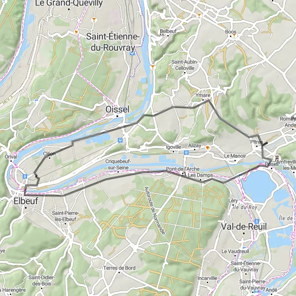 Map miniature of "Oissel, Les Authieux-sur-le-Port-Saint-Ouen, Table d'orientation de la cote des deux amants, Pont-de-l'Arche, Saint-Aubin-lès-Elbeuf" cycling inspiration in Haute-Normandie, France. Generated by Tarmacs.app cycling route planner