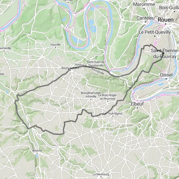 Map miniature of "The Rural Route" cycling inspiration in Haute-Normandie, France. Generated by Tarmacs.app cycling route planner