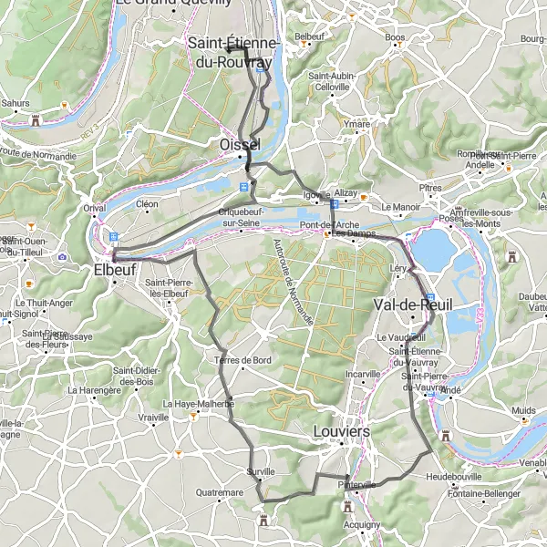 Miniature de la carte de l'inspiration cycliste "Boucle Route des Villages Normands" dans la Haute-Normandie, France. Générée par le planificateur d'itinéraire cycliste Tarmacs.app