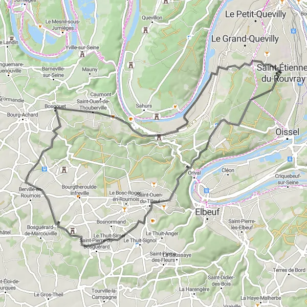 Miniature de la carte de l'inspiration cycliste "Boucle des Vallées de Haute-Normandie" dans la Haute-Normandie, France. Générée par le planificateur d'itinéraire cycliste Tarmacs.app