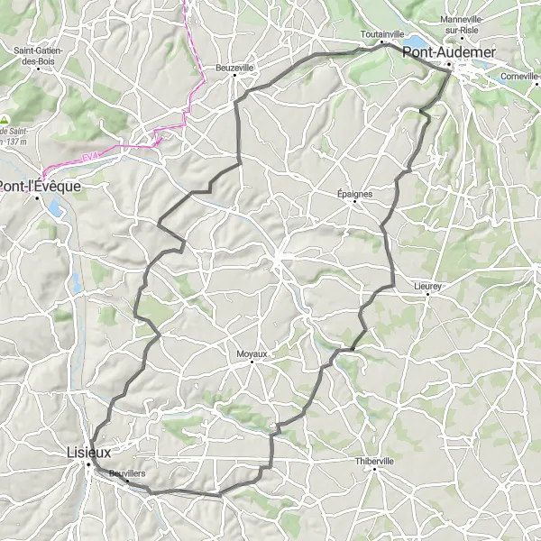 Miniature de la carte de l'inspiration cycliste "Parcours bucolique près de Saint-Germain-Village" dans la Haute-Normandie, France. Générée par le planificateur d'itinéraire cycliste Tarmacs.app