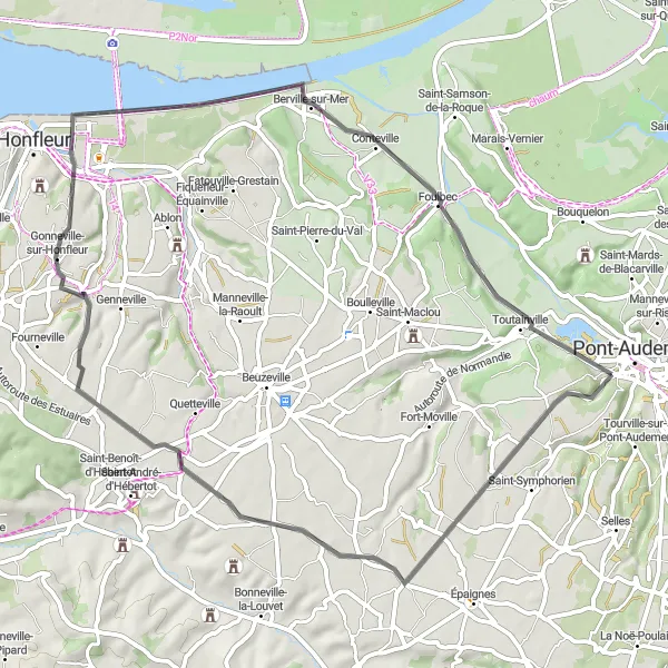 Miniature de la carte de l'inspiration cycliste "Boucle de La Lande-Saint-Léger" dans la Haute-Normandie, France. Générée par le planificateur d'itinéraire cycliste Tarmacs.app