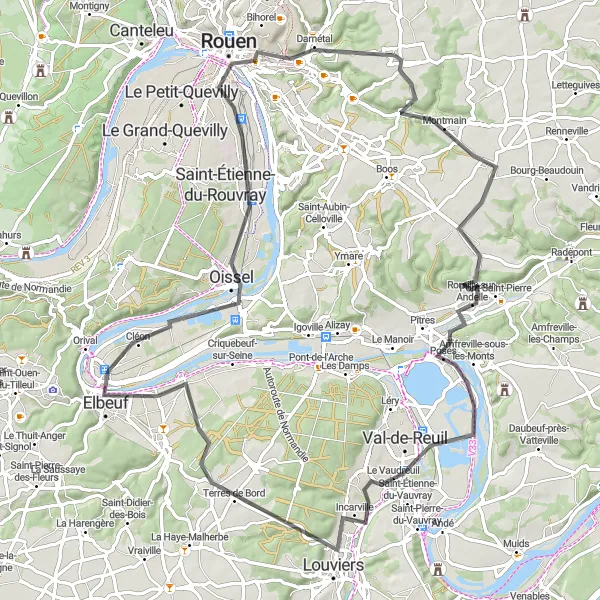 Map miniature of "Nature and History Along the Andelle River" cycling inspiration in Haute-Normandie, France. Generated by Tarmacs.app cycling route planner