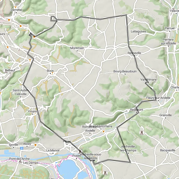 Miniature de la carte de l'inspiration cycliste "Le Circuit des Vallées et des Châteaux" dans la Haute-Normandie, France. Générée par le planificateur d'itinéraire cycliste Tarmacs.app