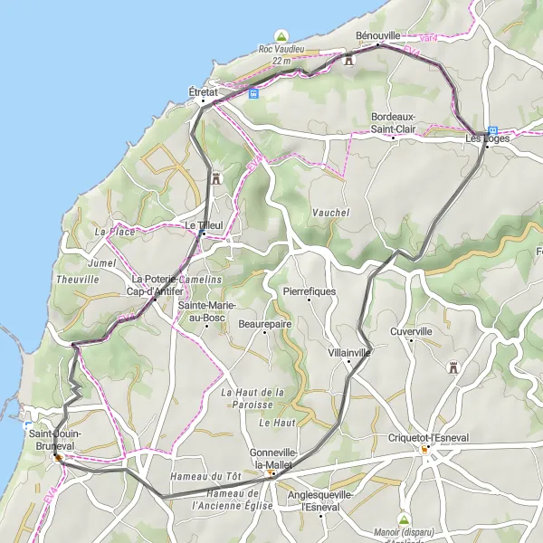 Miniature de la carte de l'inspiration cycliste "Escapade le long des Falaises" dans la Haute-Normandie, France. Générée par le planificateur d'itinéraire cycliste Tarmacs.app