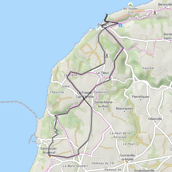 Map miniature of "Cliffside Delight" cycling inspiration in Haute-Normandie, France. Generated by Tarmacs.app cycling route planner