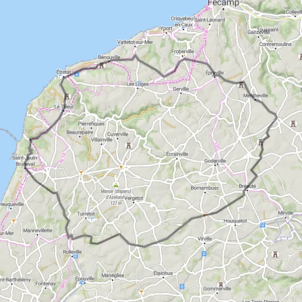 Miniature de la carte de l'inspiration cycliste "Route des Falaises et Chapelles" dans la Haute-Normandie, France. Générée par le planificateur d'itinéraire cycliste Tarmacs.app