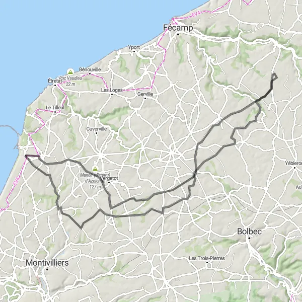 Map miniature of "Bréauté Loop" cycling inspiration in Haute-Normandie, France. Generated by Tarmacs.app cycling route planner