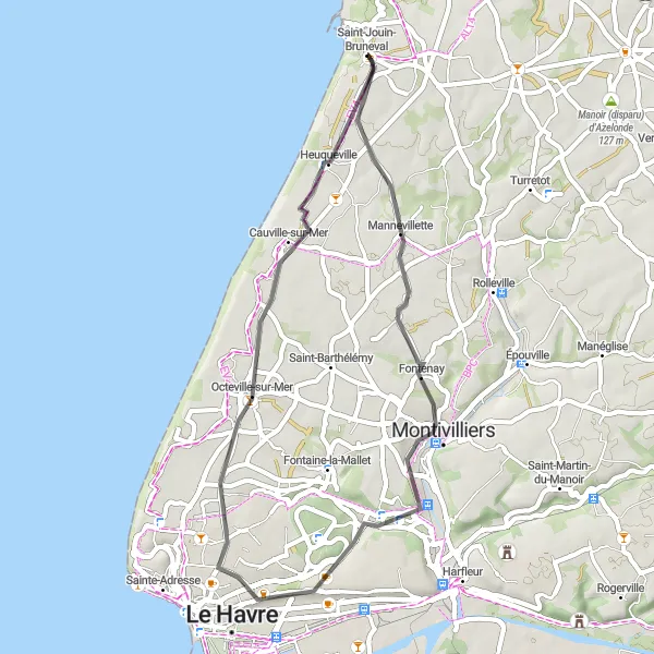 Miniature de la carte de l'inspiration cycliste "Boucle autour de Saint-Jouin-Bruneval" dans la Haute-Normandie, France. Générée par le planificateur d'itinéraire cycliste Tarmacs.app