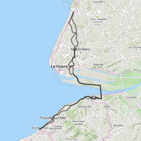 Miniature de la carte de l'inspiration cycliste "Côte d'Albâtre et Villages Normands" dans la Haute-Normandie, France. Générée par le planificateur d'itinéraire cycliste Tarmacs.app