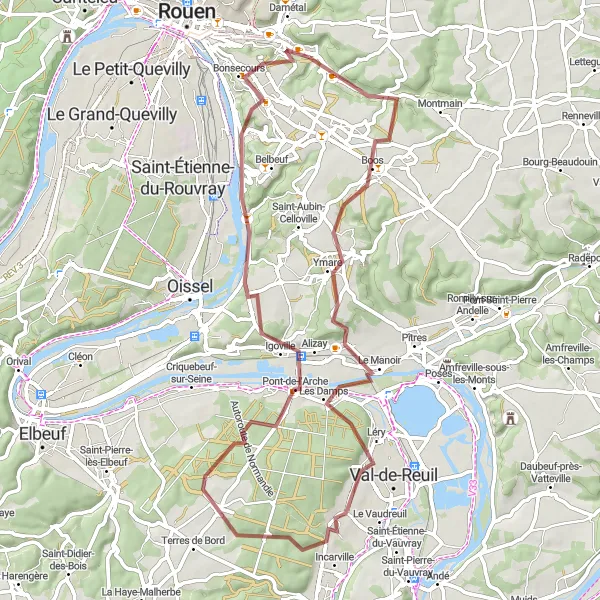 Miniature de la carte de l'inspiration cycliste "Circuit gravel autour de Saint-Léger-du-Bourg-Denis" dans la Haute-Normandie, France. Générée par le planificateur d'itinéraire cycliste Tarmacs.app