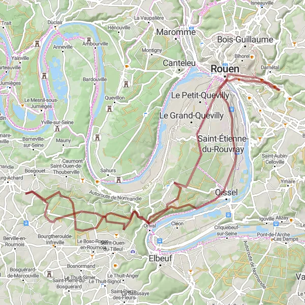 Miniature de la carte de l'inspiration cycliste "Aventure gravel autour de Rouen" dans la Haute-Normandie, France. Générée par le planificateur d'itinéraire cycliste Tarmacs.app