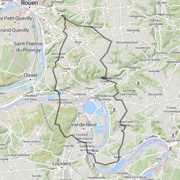 Miniature de la carte de l'inspiration cycliste "Bucolic Road Cycling through Normandy" dans la Haute-Normandie, France. Générée par le planificateur d'itinéraire cycliste Tarmacs.app