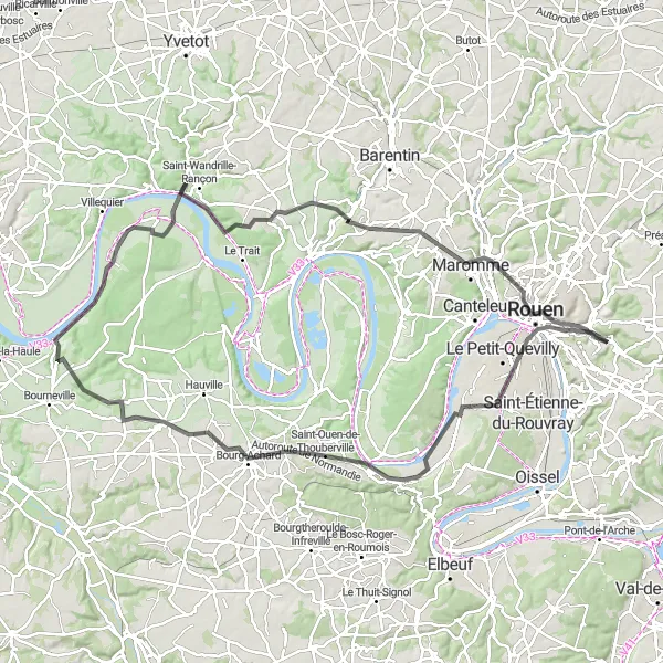 Miniature de la carte de l'inspiration cycliste "Panoramic Road Trip around Rouen" dans la Haute-Normandie, France. Générée par le planificateur d'itinéraire cycliste Tarmacs.app