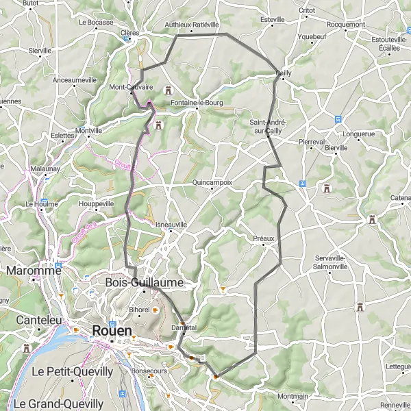 Miniature de la carte de l'inspiration cycliste "Parcours routier à travers la campagne normande" dans la Haute-Normandie, France. Générée par le planificateur d'itinéraire cycliste Tarmacs.app