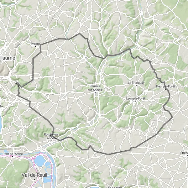 Miniature de la carte de l'inspiration cycliste "Boucle des Châteaux Normands" dans la Haute-Normandie, France. Générée par le planificateur d'itinéraire cycliste Tarmacs.app