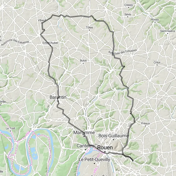 Miniature de la carte de l'inspiration cycliste "Itinéraire routier vers l'Est de Rouen" dans la Haute-Normandie, France. Générée par le planificateur d'itinéraire cycliste Tarmacs.app