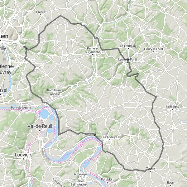 Miniature de la carte de l'inspiration cycliste "La Route des Châteaux Normands" dans la Haute-Normandie, France. Générée par le planificateur d'itinéraire cycliste Tarmacs.app