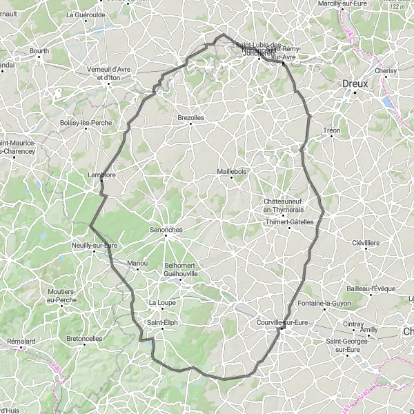 Map miniature of "Avre Valley Epic Loop" cycling inspiration in Haute-Normandie, France. Generated by Tarmacs.app cycling route planner