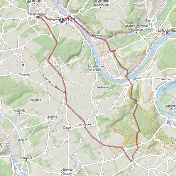 Map miniature of "Scenic Gravel Ride around Saint-Marcel" cycling inspiration in Haute-Normandie, France. Generated by Tarmacs.app cycling route planner