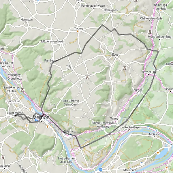 Map miniature of "Vernon and Bray-et-Lû Road Adventure" cycling inspiration in Haute-Normandie, France. Generated by Tarmacs.app cycling route planner