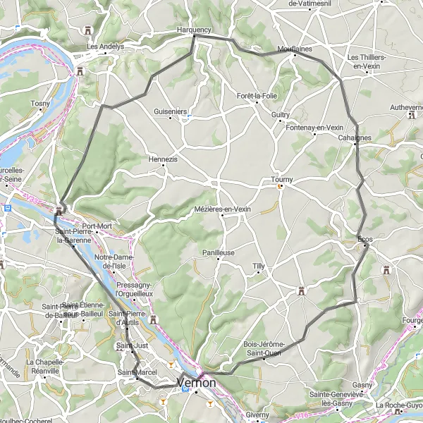 Map miniature of "Exploring Eure Valley" cycling inspiration in Haute-Normandie, France. Generated by Tarmacs.app cycling route planner