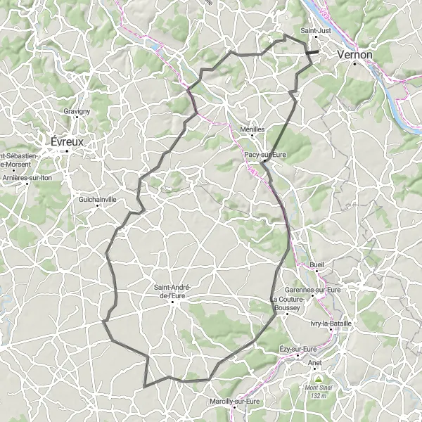 Miniature de la carte de l'inspiration cycliste "Route des Châteaux Normands" dans la Haute-Normandie, France. Générée par le planificateur d'itinéraire cycliste Tarmacs.app