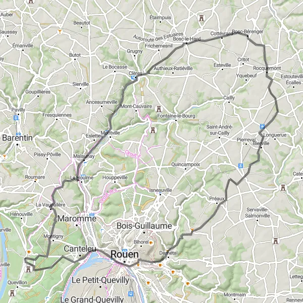 Map miniature of "From Countryside to Panoramic Views" cycling inspiration in Haute-Normandie, France. Generated by Tarmacs.app cycling route planner