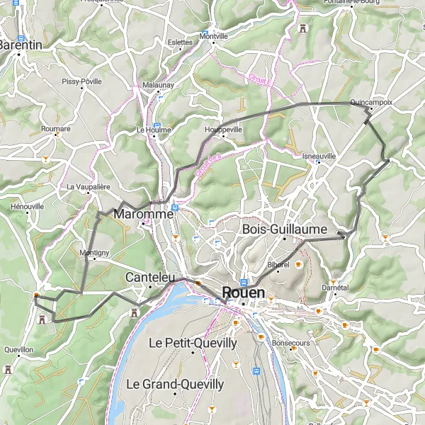 Map miniature of "Notre-Dame-de-Bondeville and Panoramic Views" cycling inspiration in Haute-Normandie, France. Generated by Tarmacs.app cycling route planner