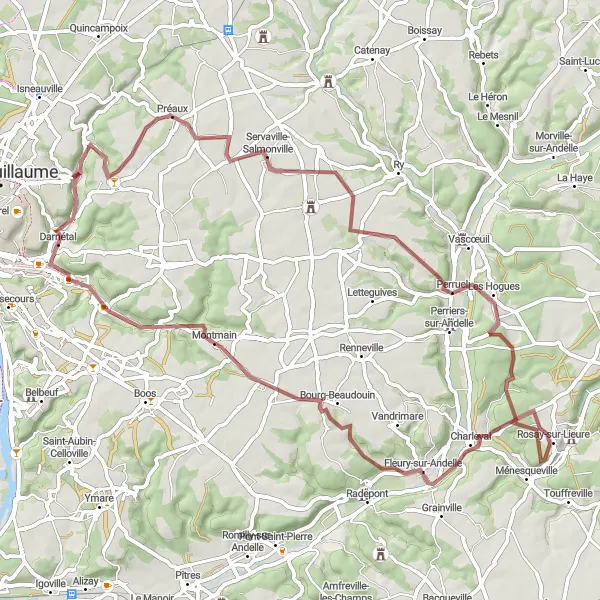 Miniature de la carte de l'inspiration cycliste "Les Chemins de Campagne" dans la Haute-Normandie, France. Générée par le planificateur d'itinéraire cycliste Tarmacs.app