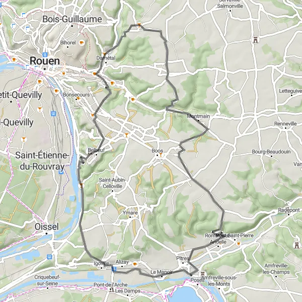 Miniature de la carte de l'inspiration cycliste "Parcours culturel et panoramique" dans la Haute-Normandie, France. Générée par le planificateur d'itinéraire cycliste Tarmacs.app
