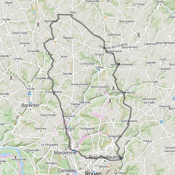 Map miniature of "The Road Cycling Adventure" cycling inspiration in Haute-Normandie, France. Generated by Tarmacs.app cycling route planner