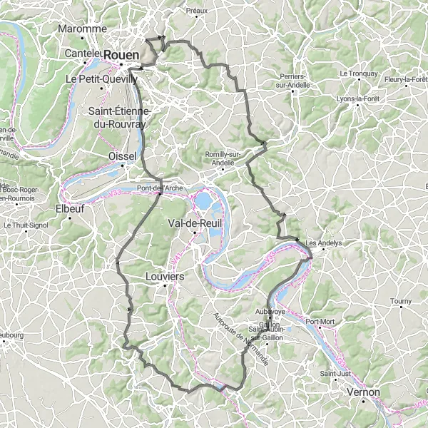 Miniature de la carte de l'inspiration cycliste "Parcours panoramique autour de Rouen" dans la Haute-Normandie, France. Générée par le planificateur d'itinéraire cycliste Tarmacs.app
