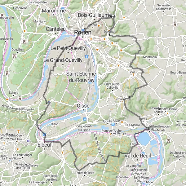 Miniature de la carte de l'inspiration cycliste "Les Vallées et Points de Vue" dans la Haute-Normandie, France. Générée par le planificateur d'itinéraire cycliste Tarmacs.app