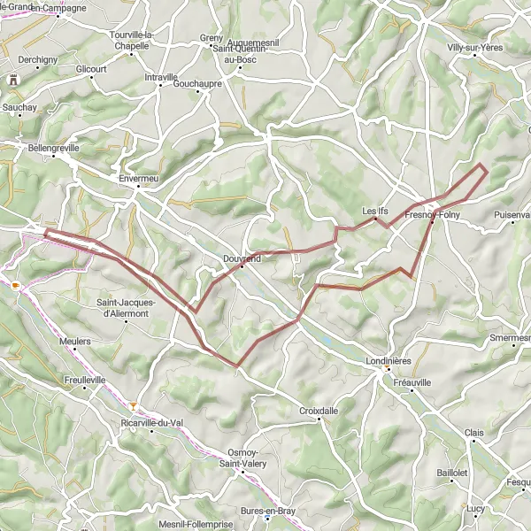 Map miniature of "Gravel Adventure to Douvrend" cycling inspiration in Haute-Normandie, France. Generated by Tarmacs.app cycling route planner