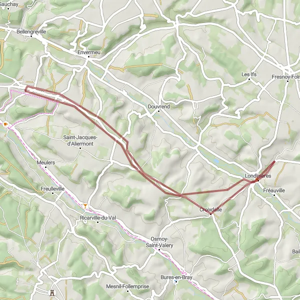 Map miniature of "Scenic gravel loop around Saint-Nicolas-d'Aliermont" cycling inspiration in Haute-Normandie, France. Generated by Tarmacs.app cycling route planner