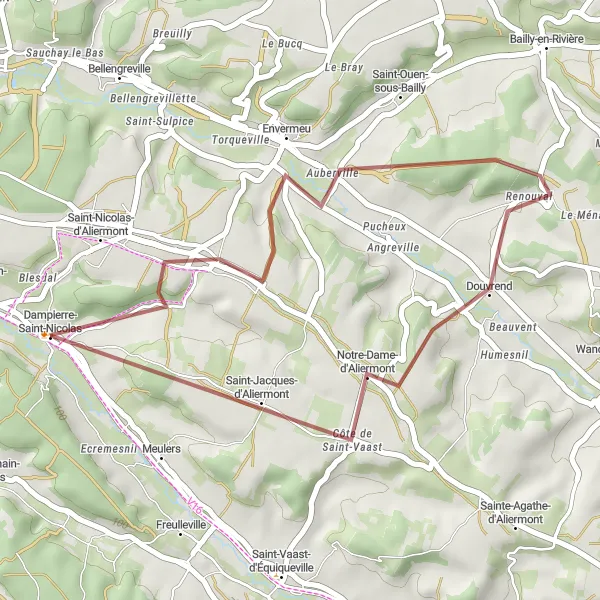 Map miniature of "Short gravel ride to Dampierre-Saint-Nicolas" cycling inspiration in Haute-Normandie, France. Generated by Tarmacs.app cycling route planner