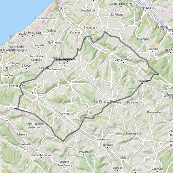 Miniature de la carte de l'inspiration cycliste "Tour vers Notre-Dame-d'Aliermont et Saint-Nicolas-d'Aliermont" dans la Haute-Normandie, France. Générée par le planificateur d'itinéraire cycliste Tarmacs.app