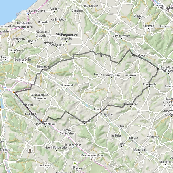 Miniature de la carte de l'inspiration cycliste "Parcours pittoresque autour de Saint-Nicolas-d'Aliermont" dans la Haute-Normandie, France. Générée par le planificateur d'itinéraire cycliste Tarmacs.app