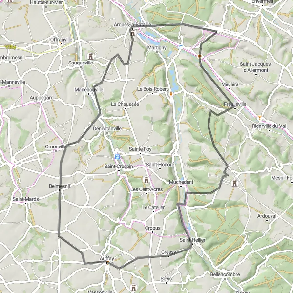 Map miniature of "Challenging road loop from Saint-Nicolas-d'Aliermont" cycling inspiration in Haute-Normandie, France. Generated by Tarmacs.app cycling route planner