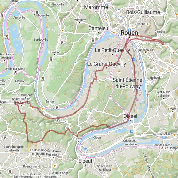Miniature de la carte de l'inspiration cycliste "Exploration Naturelle des Environs de Rouen" dans la Haute-Normandie, France. Générée par le planificateur d'itinéraire cycliste Tarmacs.app