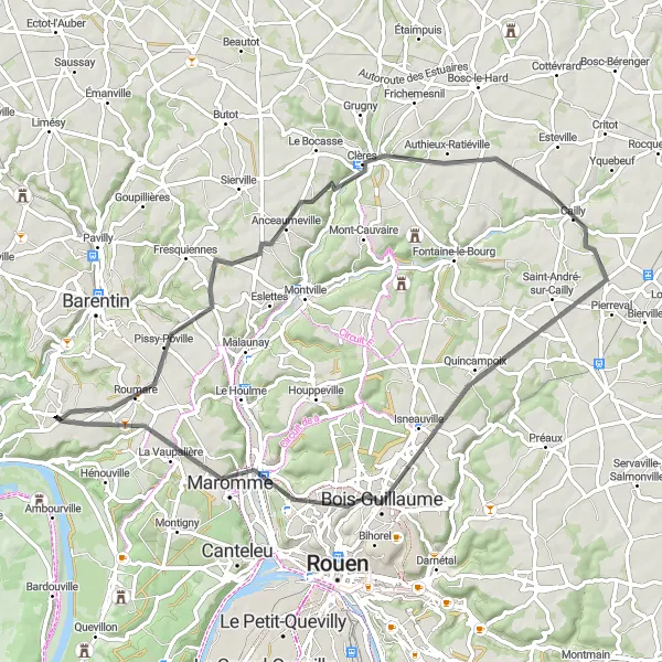 Miniature de la carte de l'inspiration cycliste "Tour du Mont-Saint-Aignan" dans la Haute-Normandie, France. Générée par le planificateur d'itinéraire cycliste Tarmacs.app