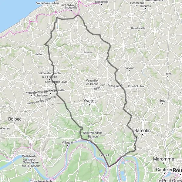 Miniature de la carte de l'inspiration cycliste "Escapade vers Caudebec-en-Caux" dans la Haute-Normandie, France. Générée par le planificateur d'itinéraire cycliste Tarmacs.app