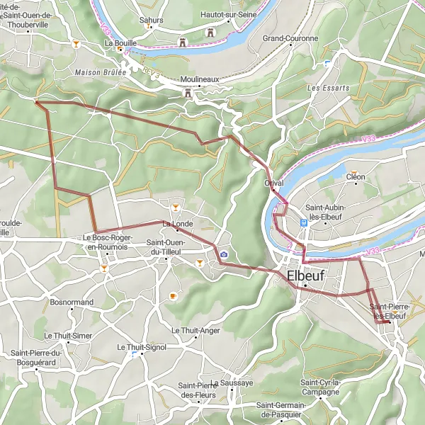 Miniature de la carte de l'inspiration cycliste "Aventure gravel autour de Saint-Pierre-lès-Elbeuf" dans la Haute-Normandie, France. Générée par le planificateur d'itinéraire cycliste Tarmacs.app