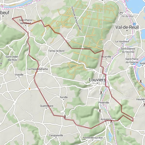 Map miniature of "Discover Acquigny and Le Mesnil-Jourdain on an Adventurous Gravel Ride" cycling inspiration in Haute-Normandie, France. Generated by Tarmacs.app cycling route planner