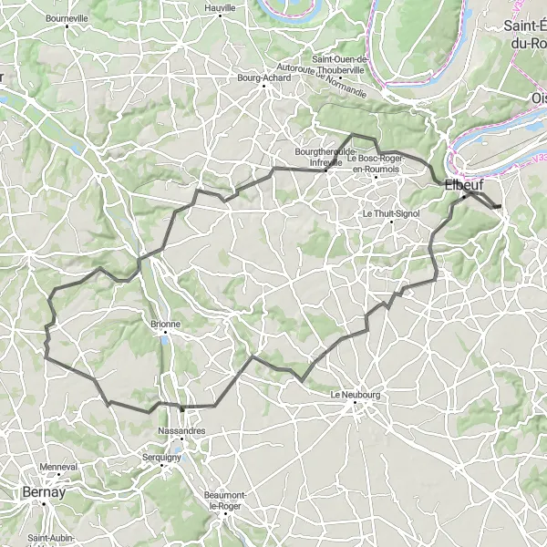 Map miniature of "Road Cycling Route: Saint-Pierre-lès-Elbeuf to Multiple Highlights" cycling inspiration in Haute-Normandie, France. Generated by Tarmacs.app cycling route planner