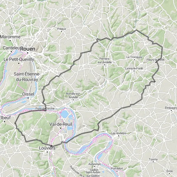Miniature de la carte de l'inspiration cycliste "Tour de la Vallée de l'Andelle" dans la Haute-Normandie, France. Générée par le planificateur d'itinéraire cycliste Tarmacs.app