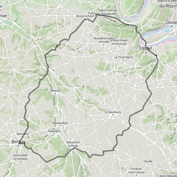 Miniature de la carte de l'inspiration cycliste "A la découverte de la Vallée de l'Andelle" dans la Haute-Normandie, France. Générée par le planificateur d'itinéraire cycliste Tarmacs.app